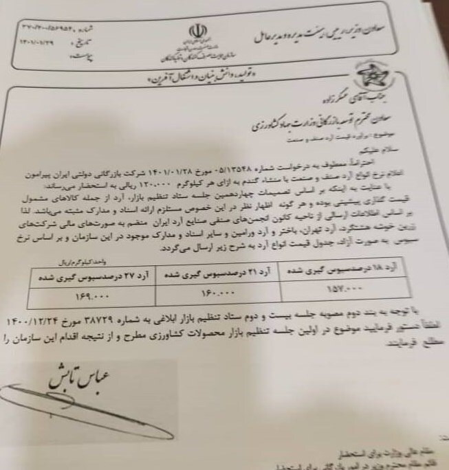 قیمت جدید آرد صنف و صنعت ابلاغ شد + سند (۶ اردیبهشت ماه ۱۴۰۱) قیمت جدید آرد صنف و صنعت ابلاغ شد + سند (۶ اردیبهشت ماه ۱۴۰۱)