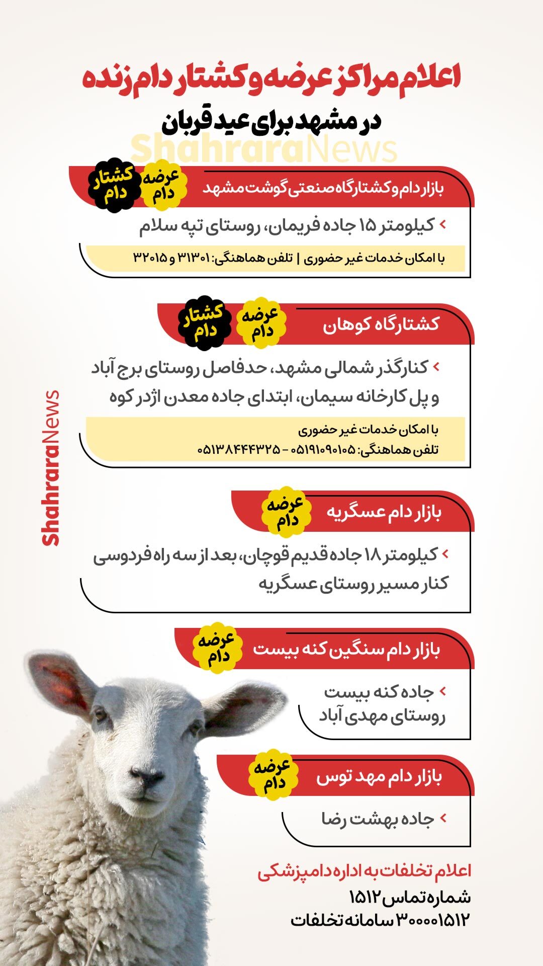 مراکز عرضه و کشتار مجاز دام زنده در مشهد در روز عید قربان (۱۴۰۱) اعلام شد مراکز عرضه و کشتار مجاز دام زنده در مشهد در روز عید قربان (۱۴۰۱) اعلام شد