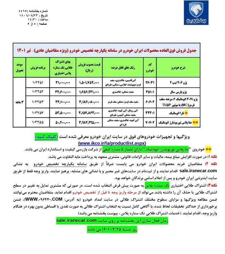 فروش فوق العاده ایران خودرو با ارائه ۵ محصول از شنبه ۲۵ تیر ۱۴۰۱ + بخشنامه، جدول قیمت و لینک ثبت نام فروش فوق العاده ایران خودرو با ارائه ۵ محصول از شنبه ۲۵ تیر ۱۴۰۱ + بخشنامه، جدول قیمت و لینک ثبت نام