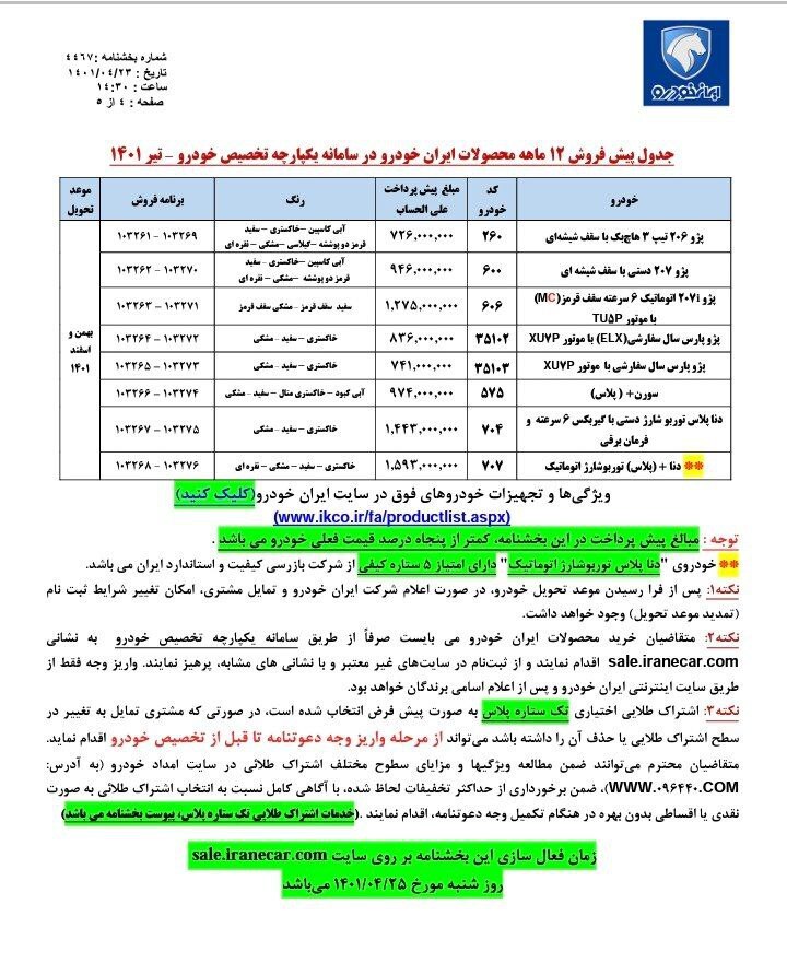پیش فروش فوقالعاده ایران خودرو از طریق سامانه یکپارچه فروش خودرو از شنبه ۲۵ تیر ۱۴۰۱ پیش فروش فوقالعاده ایران خودرو از طریق سامانه یکپارچه فروش خودرو از شنبه ۲۵ تیر ۱۴۰۱