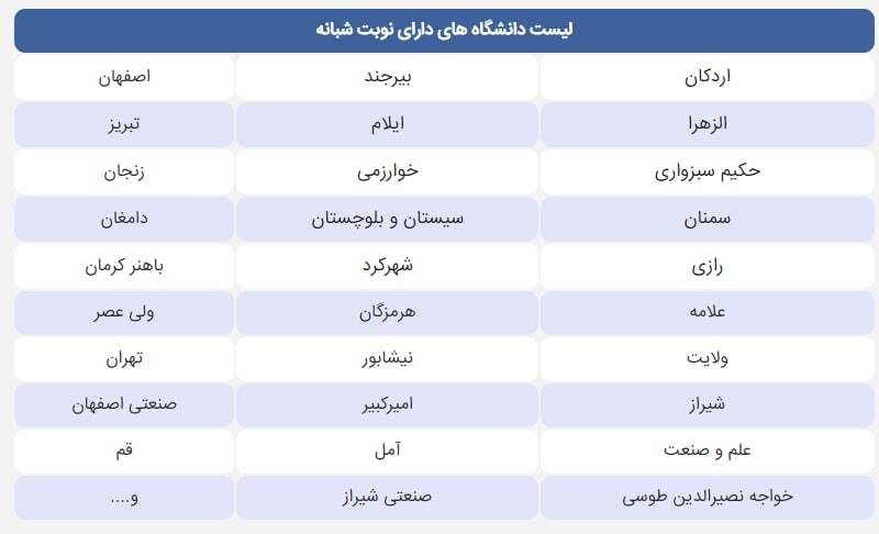 دانشگاه شبانه یا نوبت دوم چیست؟ + جزئیات دانشگاه شبانه یا نوبت دوم چیست؟ + جزئیات