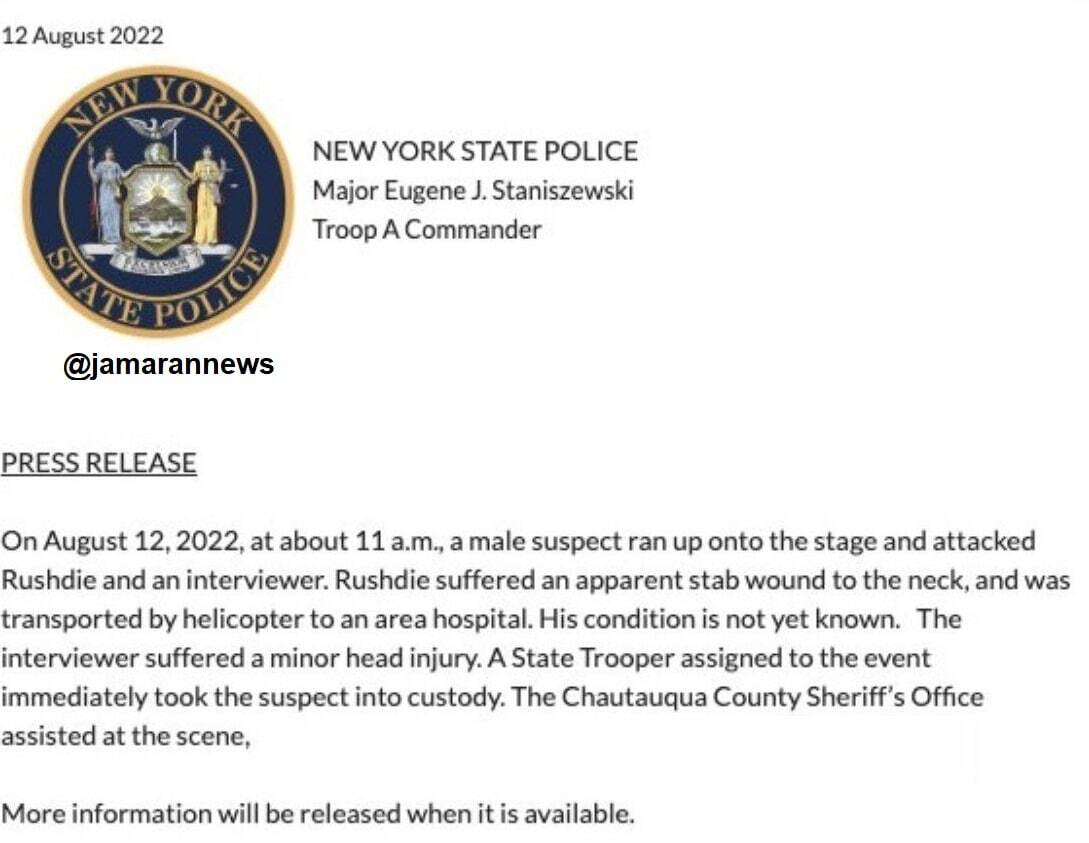 سلمان رشدی در نیویورک چاقو خورد + فیلم و تصاویر سلمان رشدی در نیویورک چاقو خورد + فیلم و تصاویر