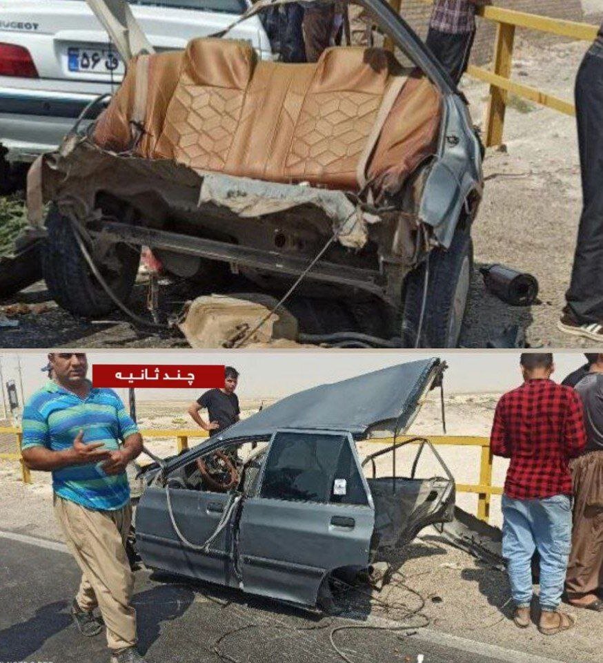 نصف شدن پراید در تصادف جاده دهلران-مهران+تصاویر(23شهریور1401)