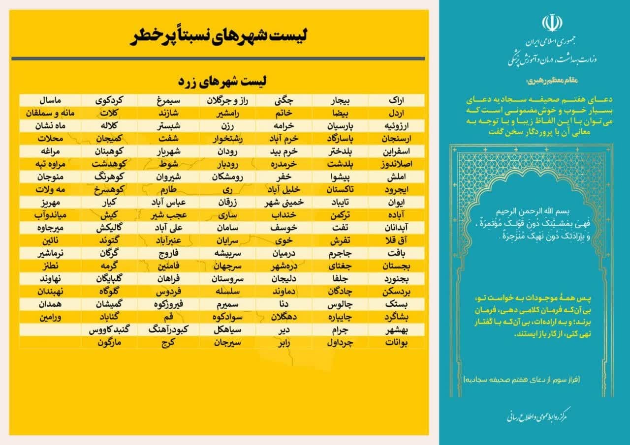 آخرین وضعیت رنگ‌بندی کرونایی شهر‌های کشور (۲۷ آبان ۱۴۰۱) | ۴۴۴ شهر کشور در وضعیت زرد و آبی