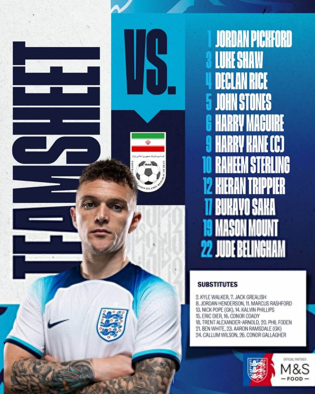 ترکیب تیم ملی انگلیس برای دیدار با ایران اعلام شد