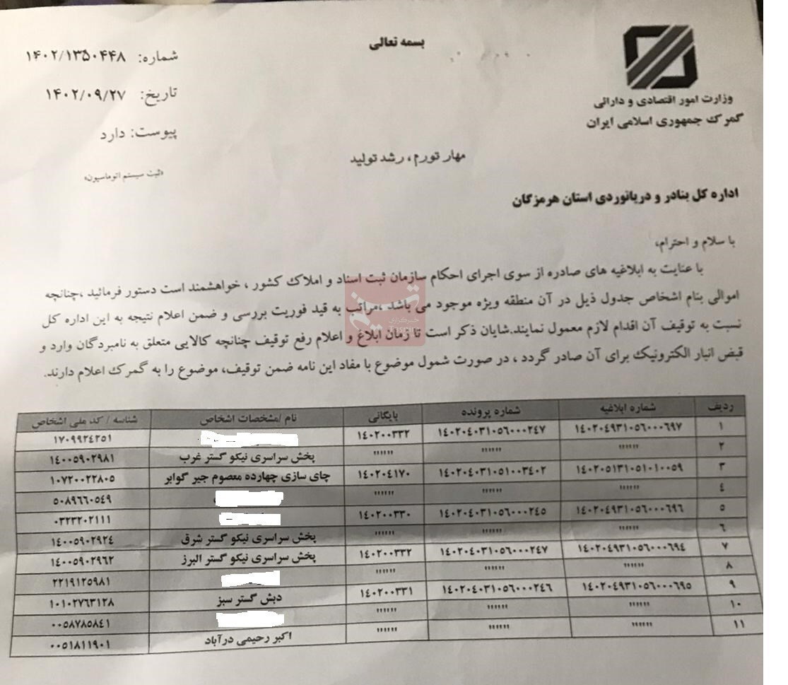 دستور توقیف اموال مرتبطین چای دبش صادر شد + سند دستور توقیف اموال مرتبطین چای دبش صادر شد + سند