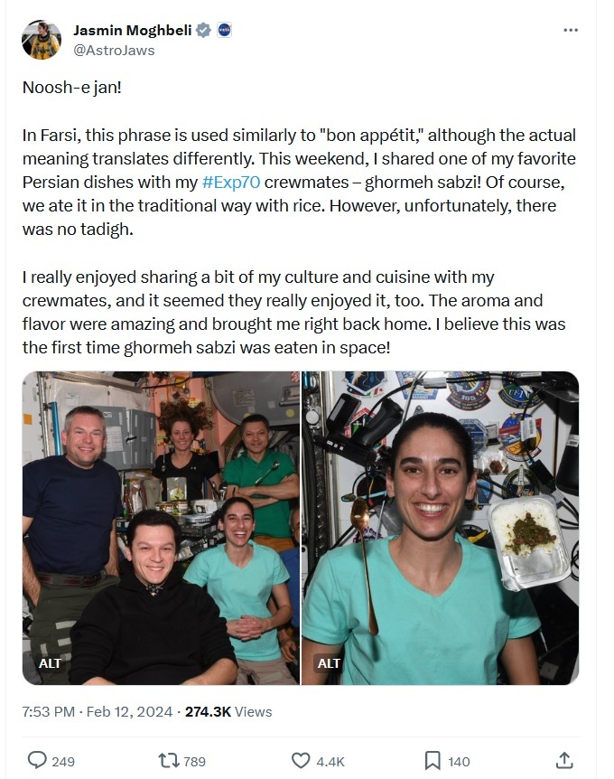 یاسمین مقبلی، فضانورد ایرانی، درحال خوردن قورمه سبزی در فضا + عکس