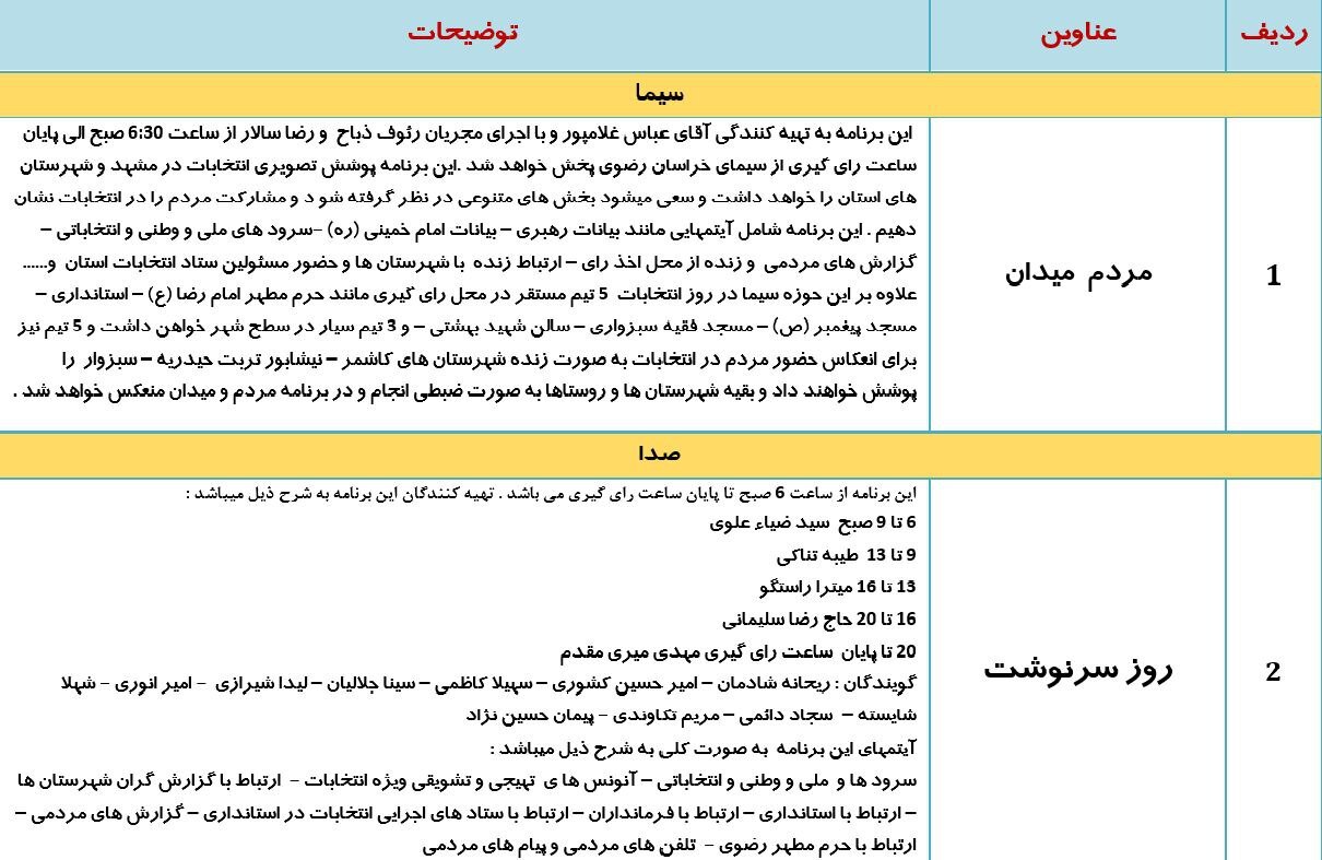 ویژه برنامههای انتخاباتی صداوسیمای خراسان رضوی + جدول پخش ویژه برنامههای انتخاباتی صداوسیمای خراسان رضوی + جدول پخش