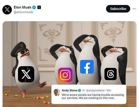 پست تمسخرآمیز ایلان ماسک درباره از دسترس خارج شدن اینستاگرام و فیسبوک + عکس پست تمسخرآمیز ایلان ماسک درباره از دسترس خارج شدن اینستاگرام و فیسبوک + عکس