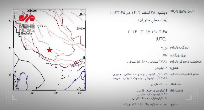 زلزله، استان فارس را لرزاند + جزئیات (۲۸ اسفند ۱۴۰۲) زلزله، استان فارس را لرزاند + جزئیات (۲۸ اسفند ۱۴۰۲)