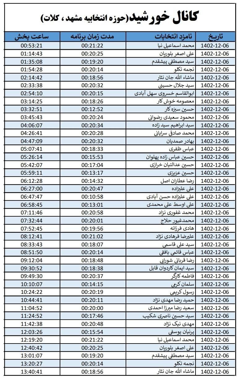 اعلام جدول پخش تبلیغات نامزد‌های انتخابات خراسان رضوی (یکشنبه ۶ اسفند)