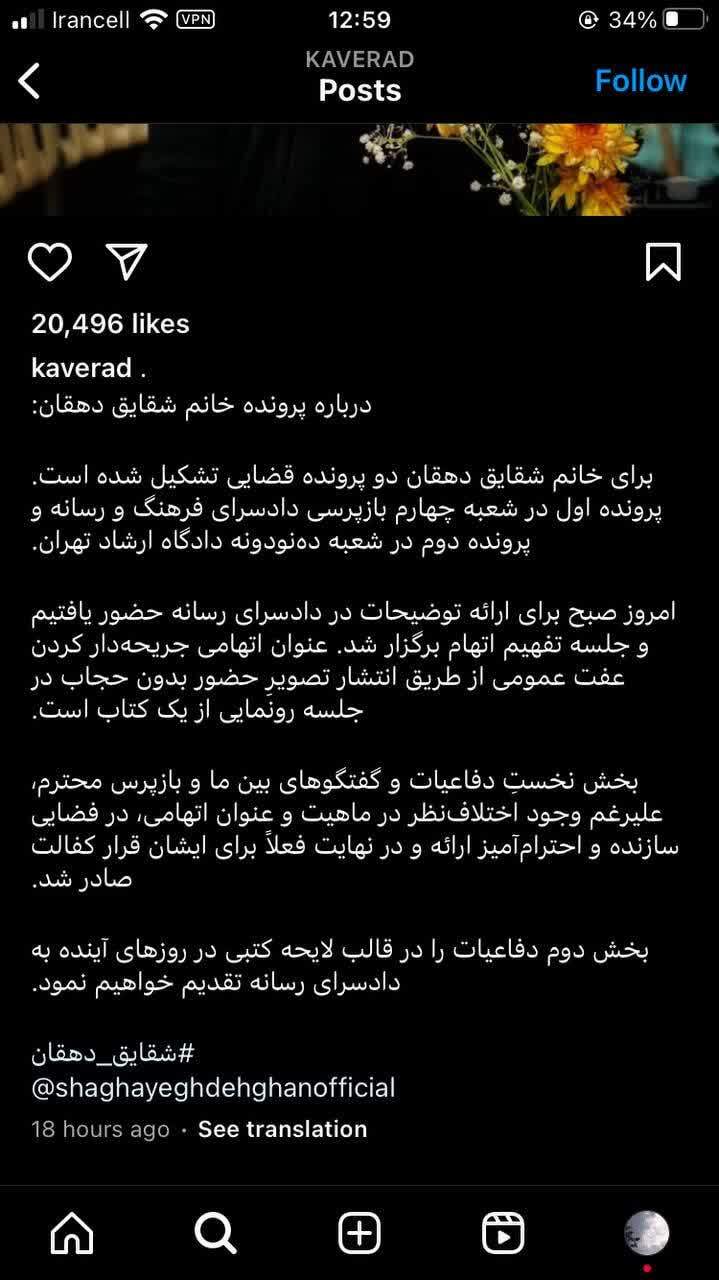 صدور قرار کفالت برای شقایق دهقان به دلیل کشف حجاب و جریحه دار کردن عفت عمومی + عکس