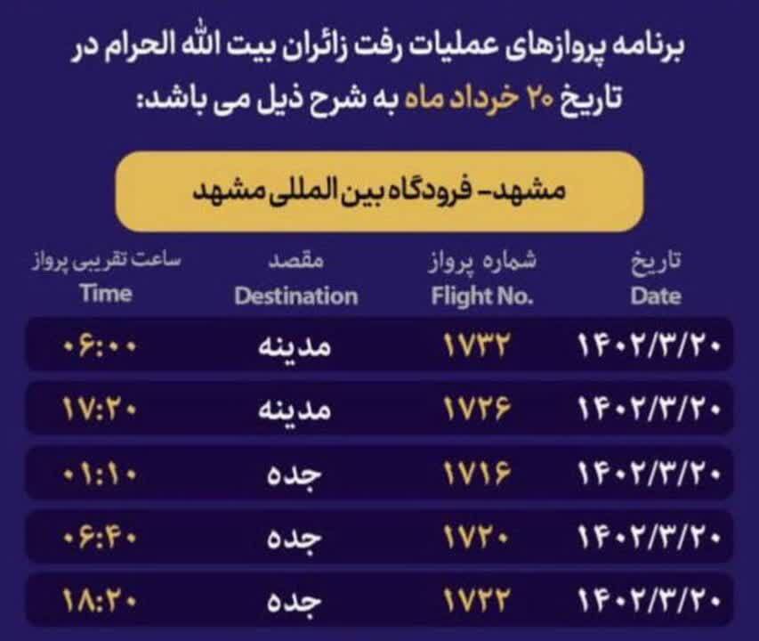 برنامه پروازهای رفت زائران خانه خدا از مشهد (۲۰ خرداد ۱۴۰۲) برنامه پروازهای رفت زائران خانه خدا از مشهد (۲۰ خرداد ۱۴۰۲)