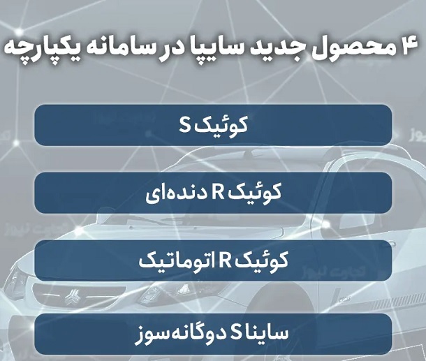 ۴ محصول به لیست فروش سامانه یکپارچه خودرو اضافه شد + لیست خودروها ۴ محصول به لیست فروش سامانه یکپارچه خودرو اضافه شد + لیست خودروها