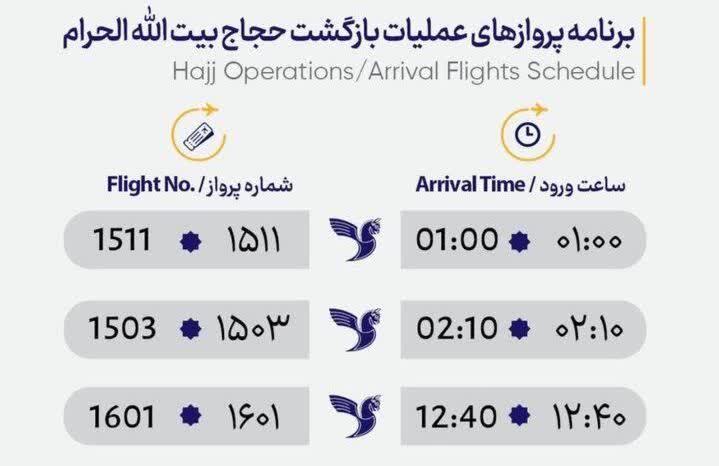 برنامه پرواز‌های بازگشت حجاج به مشهد (۲۲ تیر ۱۴۰۲)