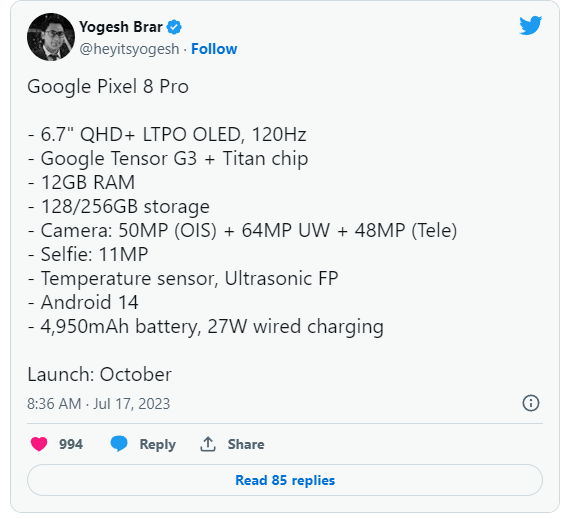 مشخصات احتمالی گوگل پیکسل ۸ پرو فاش شد + زمان احتمالی عرضه مشخصات احتمالی گوگل پیکسل ۸ پرو فاش شد + زمان احتمالی عرضه