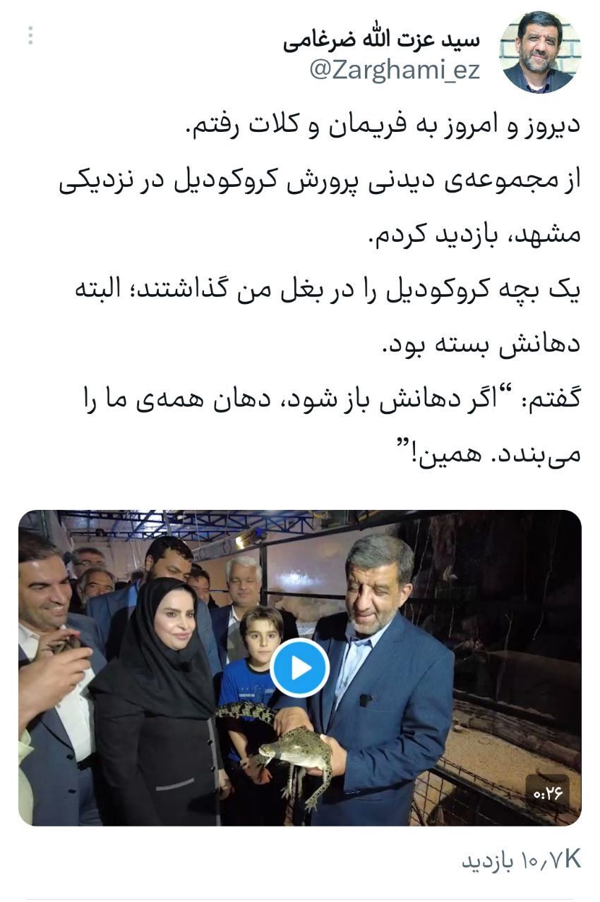 واکنش ضرغامی در مواجهه با یک کروکودیل در مشهد + فیلم و تصاویر واکنش ضرغامی در مواجهه با یک کروکودیل در مشهد + فیلم و تصاویر