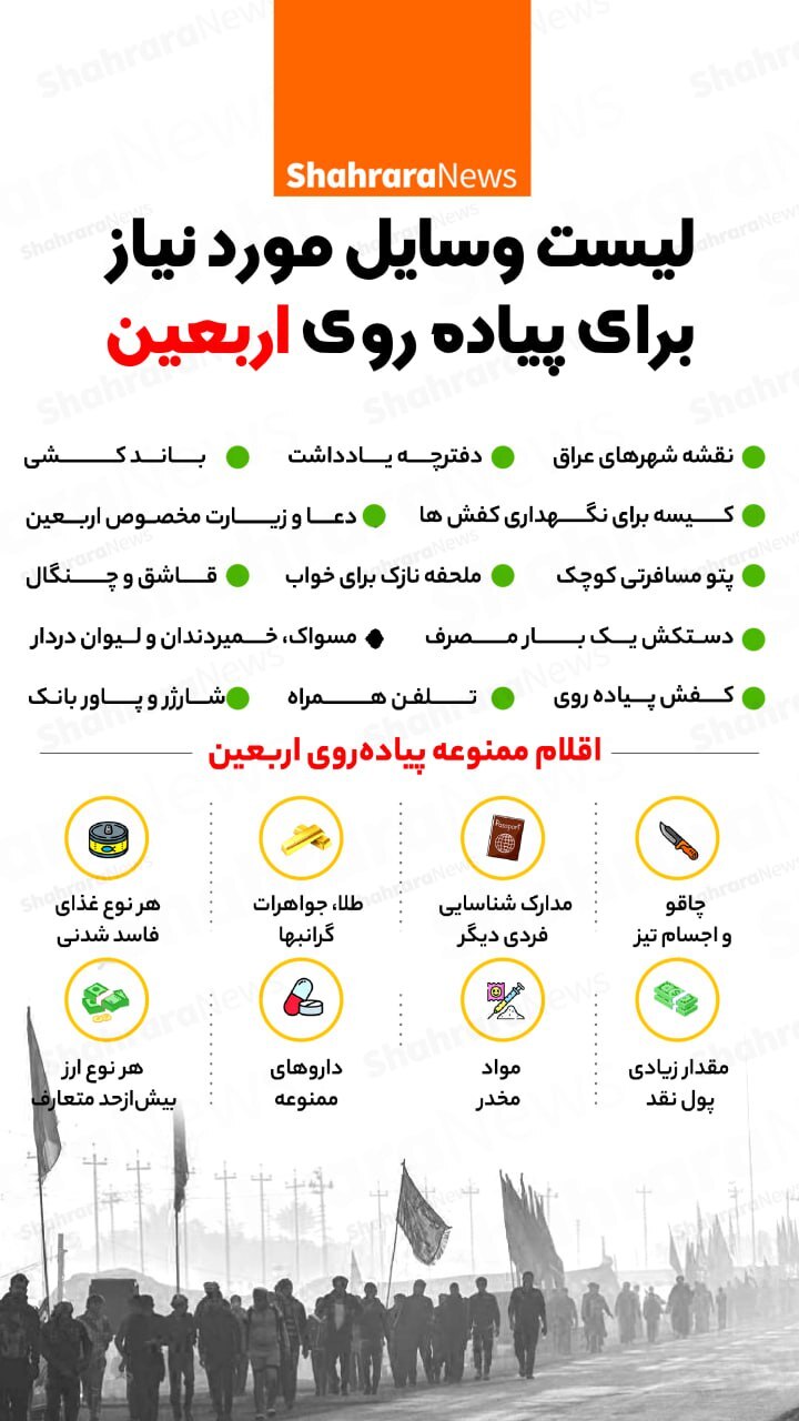 اینفوگرافی| لیست وسایل مورد نیاز برای پیاده‌روی اربعین