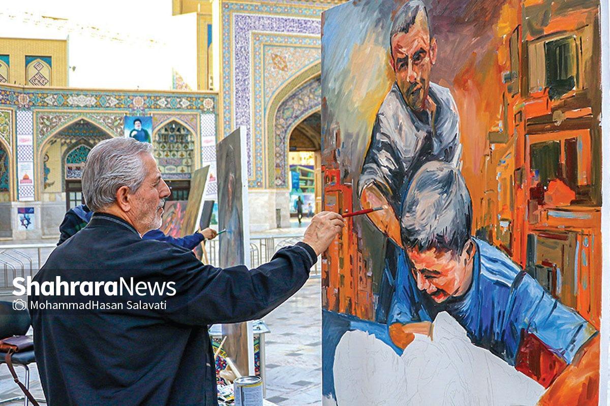 گرد هم آمدن هنرمندان مشهدی در حرم رضوی برای حمایت از مقاومت فلسطین | روایت هنرمندان از مظلومیت غزه