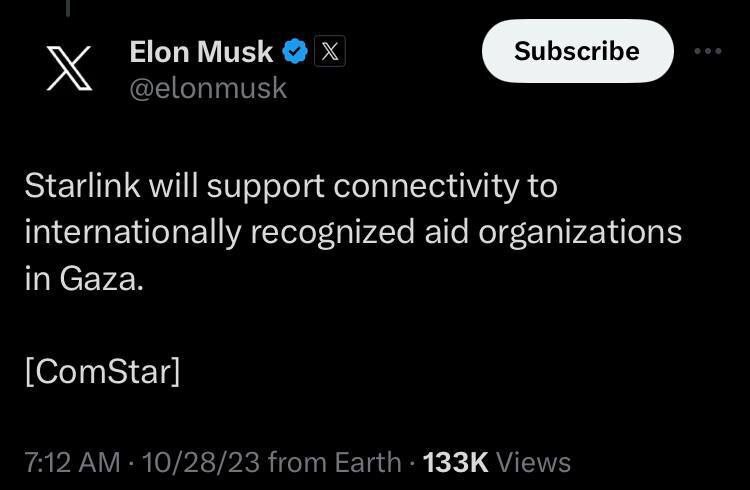درخواستها برای فعالشدن اینترنت ماهوارهای استارلینک در غزه و پاسخ ایلان ماسک درخواستها برای فعالشدن اینترنت ماهوارهای استارلینک در غزه و پاسخ ایلان ماسک