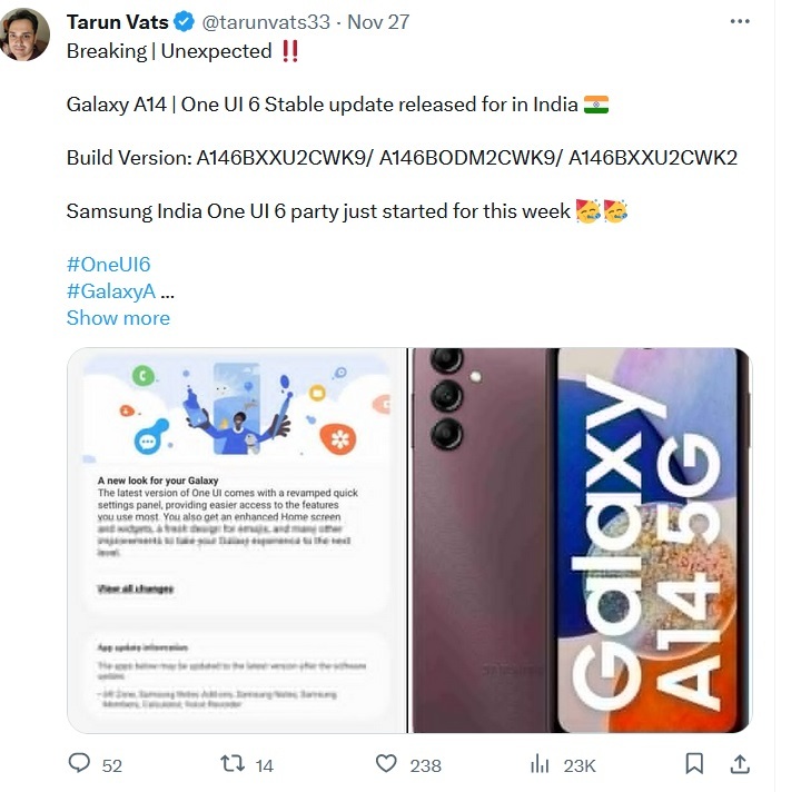 گلکسی A۱۴ رابط کاربری One UI ۶.۰ مبتنی بر اندروید ۱۴ را چه زمانی دریافت میکند؟ گلکسی A۱۴ رابط کاربری One UI ۶.۰ مبتنی بر اندروید ۱۴ را چه زمانی دریافت میکند؟