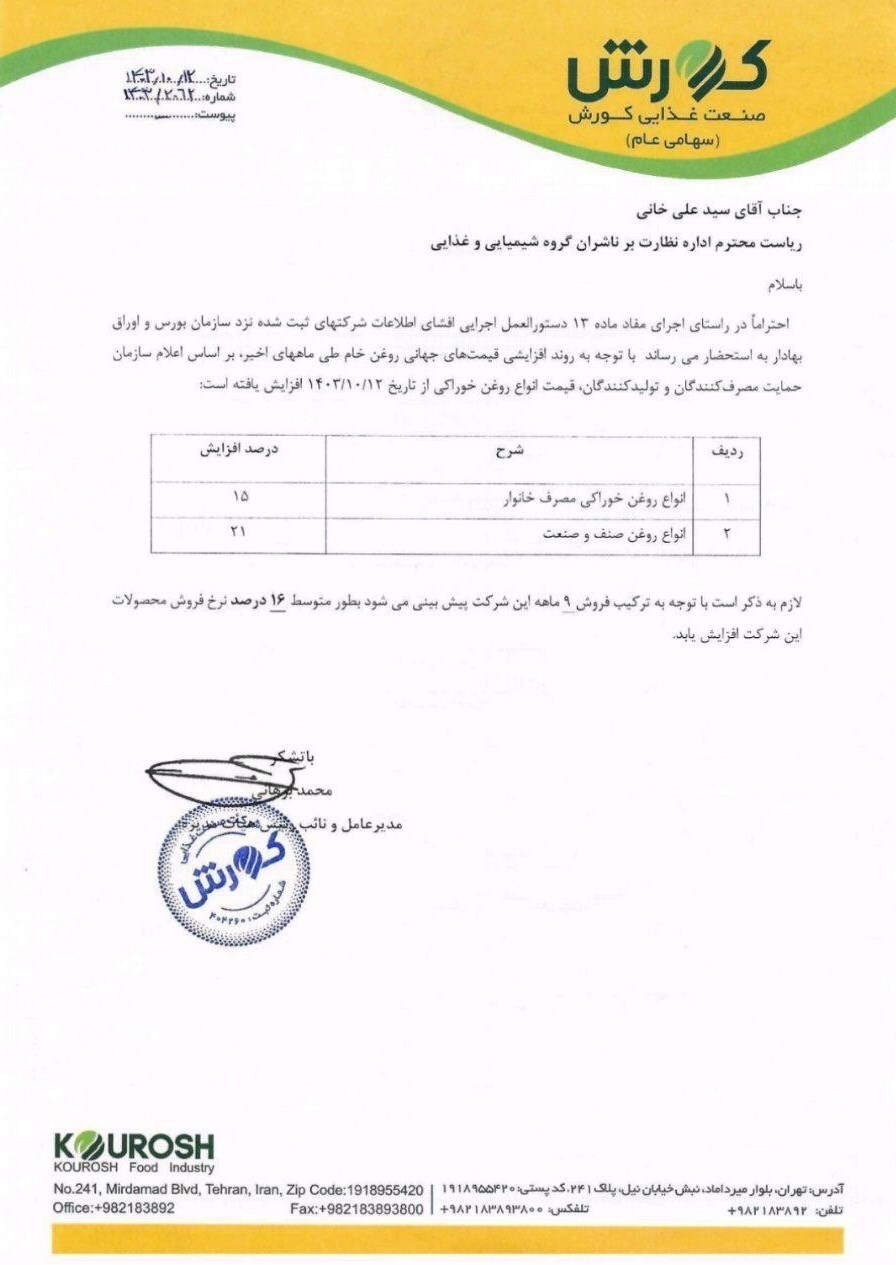 روغن ۱۵ درصد گران شد (۱۳ دی ۱۴۰۳)