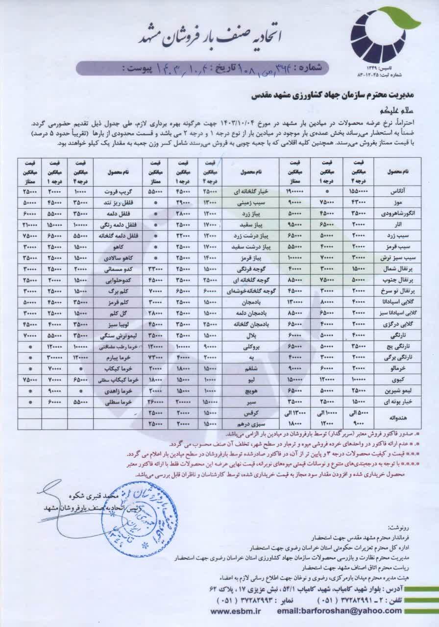 قیمت امروز میوه و صیفی جات در مشهد (۴ دی ۱۴۰۳) | کرفس کیلویی ۱۵ هزار تومان