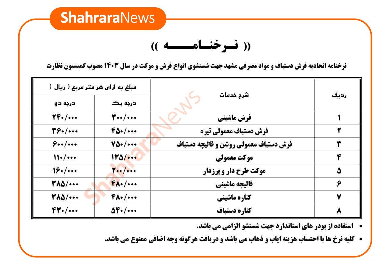 نرخنامه پایان سال ۱۴۰۳ قالیشویی‌های مشهد اعلام شد | قیمت‌ها نسبت به سال گذشته افزایش نداشته است