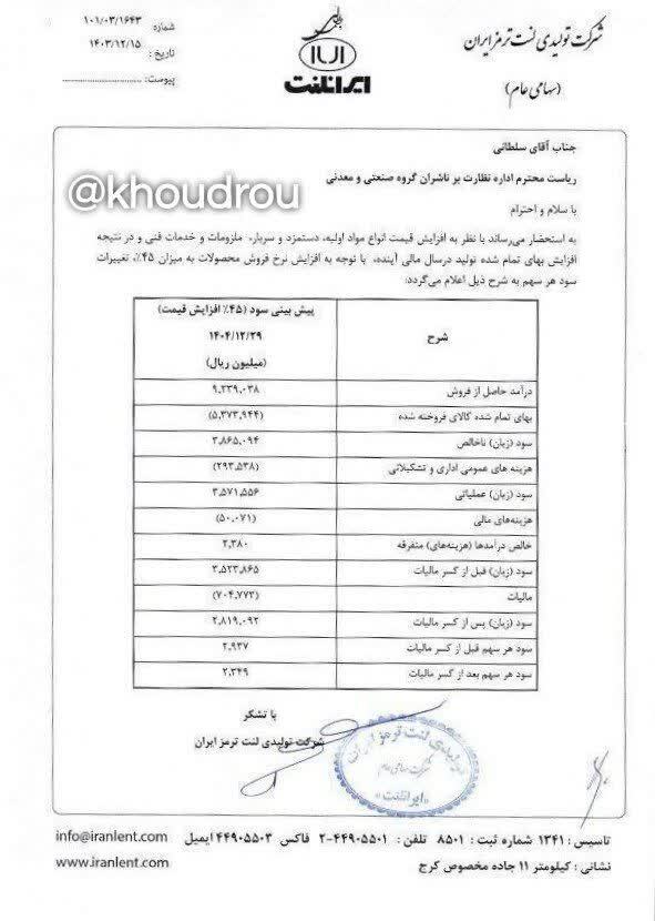 لنت خودرو ۴۵ درصد گران شد + جدول (۱۹ اسفند ۱۴۰۳)