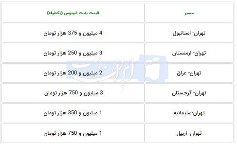 جدول قیمت بلیت اتوبوس برای مقاصد خارجی در نوروز ۱۴۰۴ اعلام شد