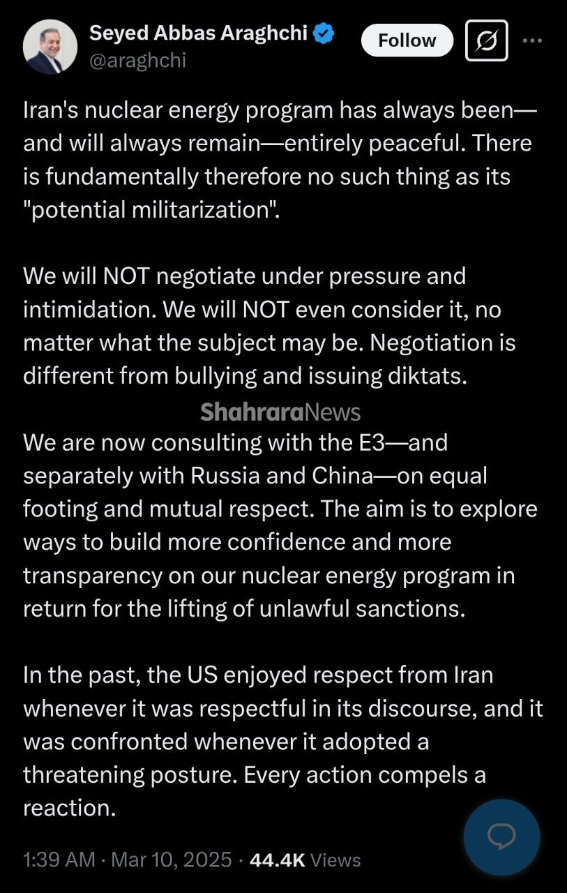 عراقچی: ما مذاکره با زور را حتی قابل بررسی هم نمیدانیم عراقچی: ما مذاکره با زور را حتی قابل بررسی هم نمیدانیم