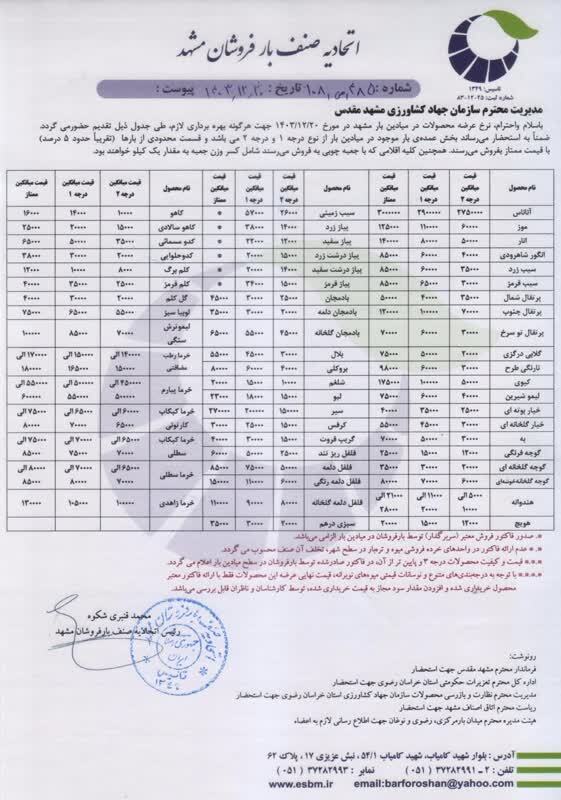 نرخ عمده فروشی میوه و صیفی جات در مشهد (۲۰ اسفند ۱۴۰۳) | هویج کیلویی ۱۲ هزار تومان