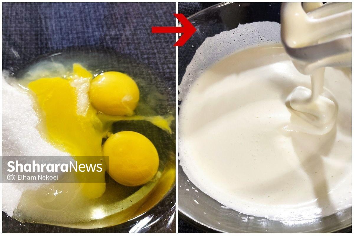 طرز تهیه کیک توتفرنگی با مارمالاد و کرم کاستارد + عکس تخم مرغ هم زده