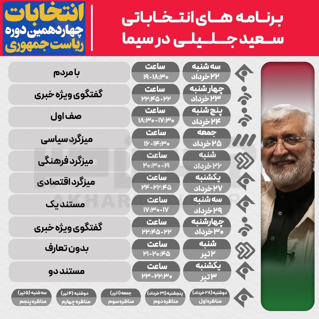 برنامه تبلیغاتی سعید جلیلی؛ نامزد انتخابات ریاست جمهوری در صداوسیما + تاریخ و ساعت برنامه تبلیغاتی سعید جلیلی؛ نامزد انتخابات ریاست جمهوری در صداوسیما + تاریخ و ساعت