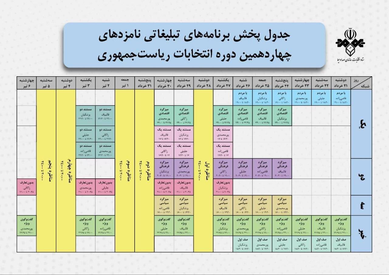 برنامه تبلیغاتی نامزد‌های انتخابات ریاست‌جمهوری ۱۴۰۳ در صداوسیما | امروز (سه‌شنبه، ۲۲ خرداد ۱۴۰۳)