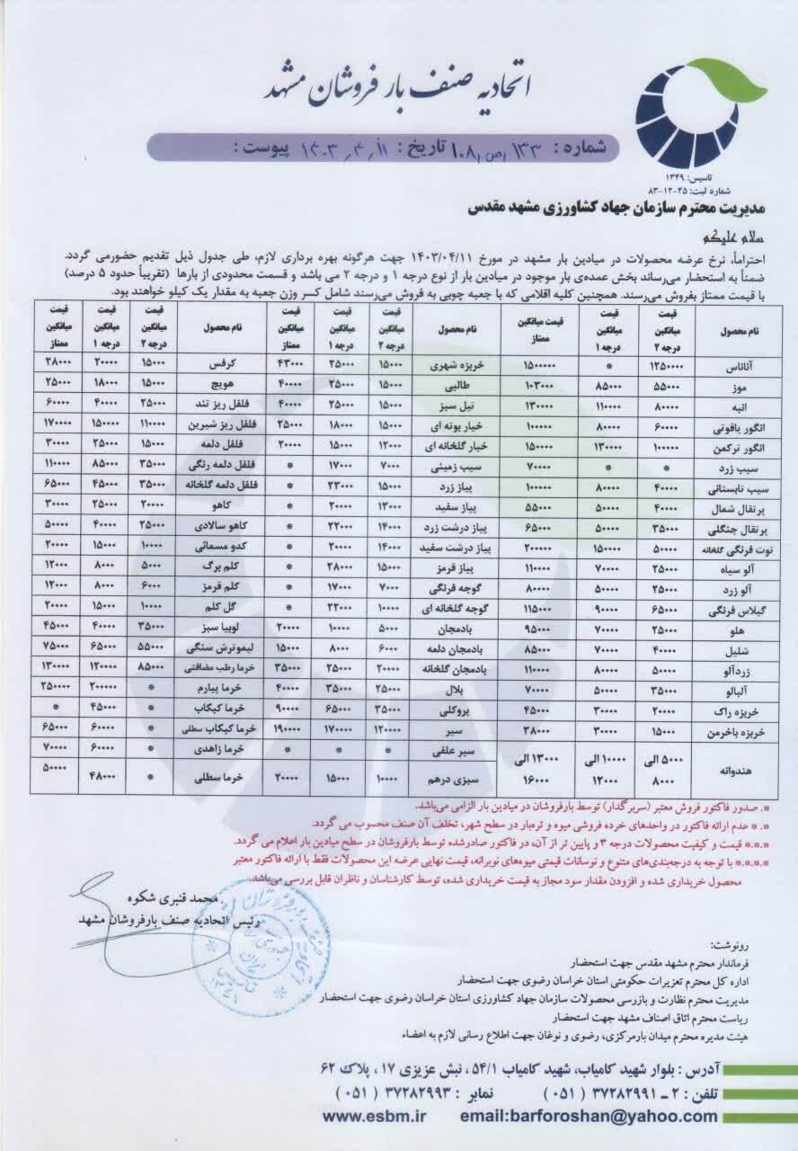 میوههای فصل را امروز در مشهد با چه قیمتی بخریم؟ (۱۱ تیر ۱۴۰۳) میوههای فصل را امروز در مشهد با چه قیمتی بخریم؟ (۱۱ تیر ۱۴۰۳)