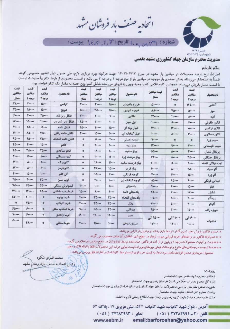 قیمت امروز میوه و صیفی جات در مشهد (۱۳ تیر ۱۴۰۳) | انگور عسگری کیلویی ۶۰ هزار تومان