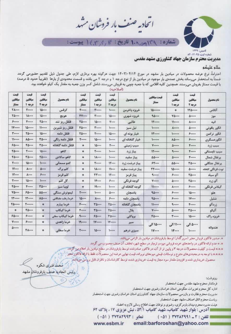 میوه را امروز گرانتر از این قیمتها نخرید (۱۴ تیر ۱۴۰۳) میوه را امروز گرانتر از این قیمتها نخرید (۱۴ تیر ۱۴۰۳)