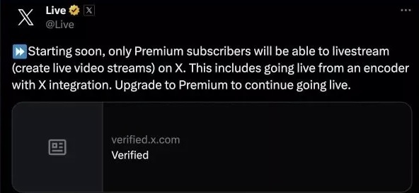 به زودی فقط کاربران پریمیوم میتوانند از قابلیت پخش زنده شبکه اجتماعی ایکس استفاده کنند به زودی فقط کاربران پریمیوم میتوانند از قابلیت پخش زنده شبکه اجتماعی ایکس استفاده کنند