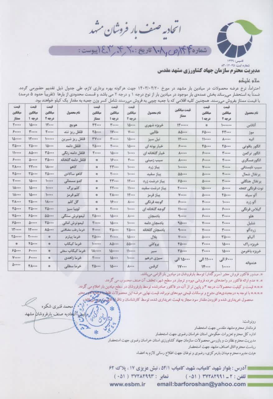 میوههای تابستانی امروز در مشهد چند؟ (۲۰ تیر ۱۴۰۳) میوههای تابستانی امروز در مشهد چند؟ (۲۰ تیر ۱۴۰۳)