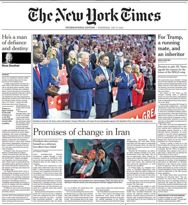 پزشکیان با تیتر وعدههای تغییر در ایران در صفحه اول نیویورک تایمز پزشکیان با تیتر وعدههای تغییر در ایران در صفحه اول نیویورک تایمز