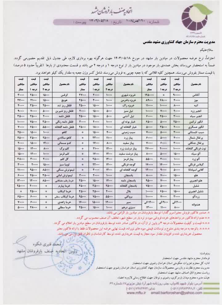 قیمت میوه و صیفی جات در مشهد (۱۸ مرداد ۱۴۰۳) | تیل کیلویی ۵ هزار تومان