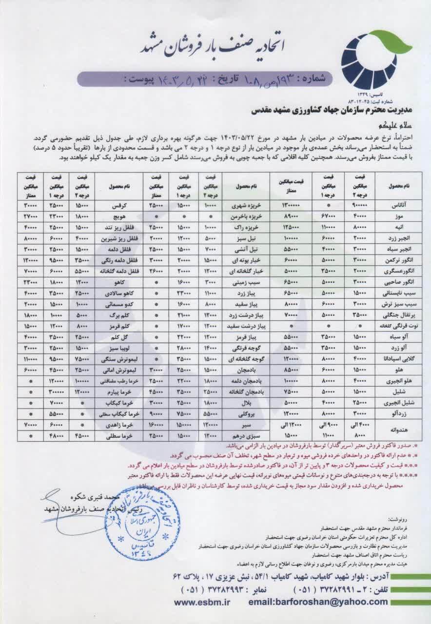 قیمت امروز میوه و صیفی جات اعلام شد (۲۲ مرداد ۱۴۰۳) قیمت امروز میوه و صیفی جات اعلام شد (۲۲ مرداد ۱۴۰۳)