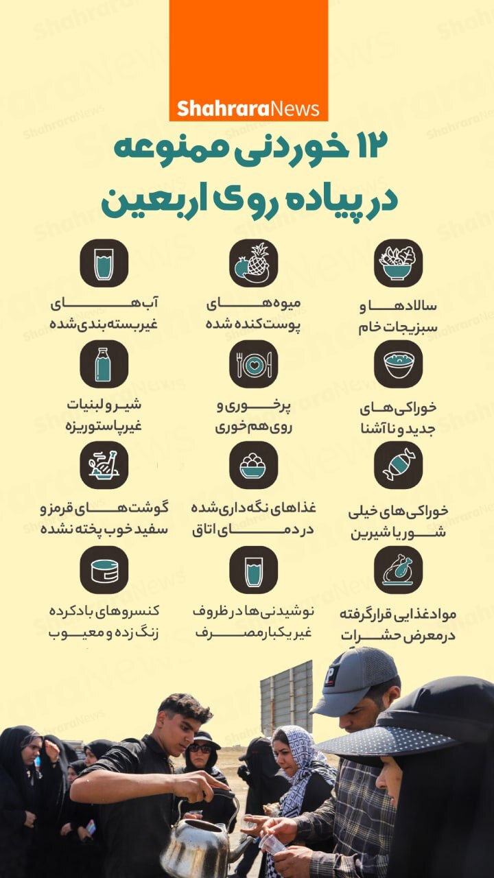 اینفوگرافی| ۱۲ خوردنی ممنوعه در پیاده‌روی اربعین