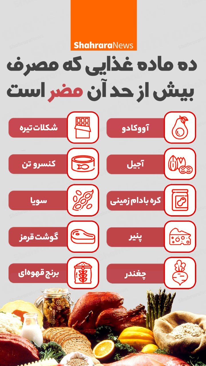 اینفوگرافی| ده ماده غذایی که مصرف بیش از حد آن مضر است