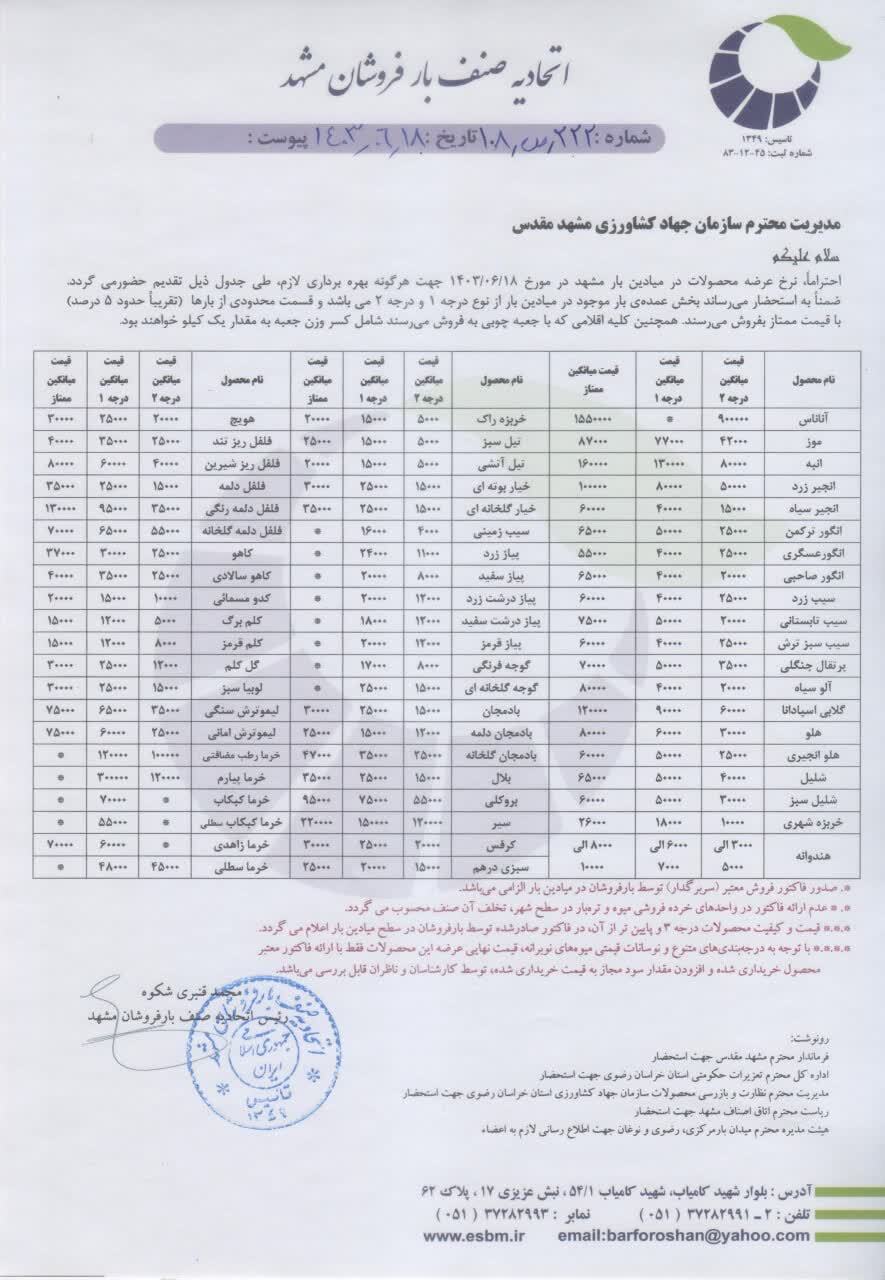 قیمت امروز انواع میوه و صیفی جات در مشهد (۱۸ شهریور ۱۴۰۳) | انگور را چند بخریم؟