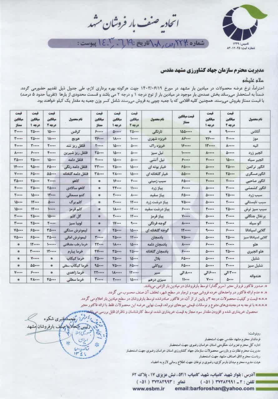 قیمت امروز انواع میوه و صیفی جات در مشهد (۱۹ شهریور ۱۴۰۳) | نارنگی محصول جدید میوه‌فروشی‌ها چند؟