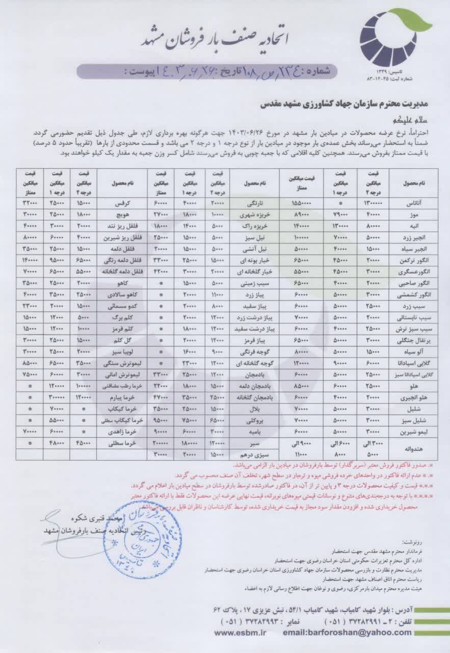 قیمت عمده میوه و صیفی جات در مشهد (۲۶ شهریور ۱۴۰۳) قیمت عمده میوه و صیفی جات در مشهد (۲۶ شهریور ۱۴۰۳)