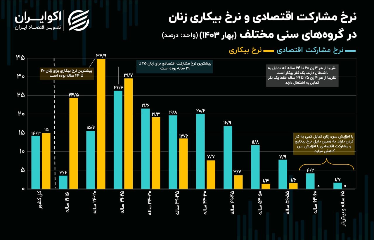 بررسی نرخ مشارکت اقتصادی و نرخ بیکاری زنان در گروههای سنی مختلف در بهار ۱۴۰۳ | پویایی زنان جوان در بازار کار بررسی نرخ مشارکت اقتصادی و نرخ بیکاری زنان در گروههای سنی مختلف در بهار ۱۴۰۳ | پویایی زنان جوان در بازار کار