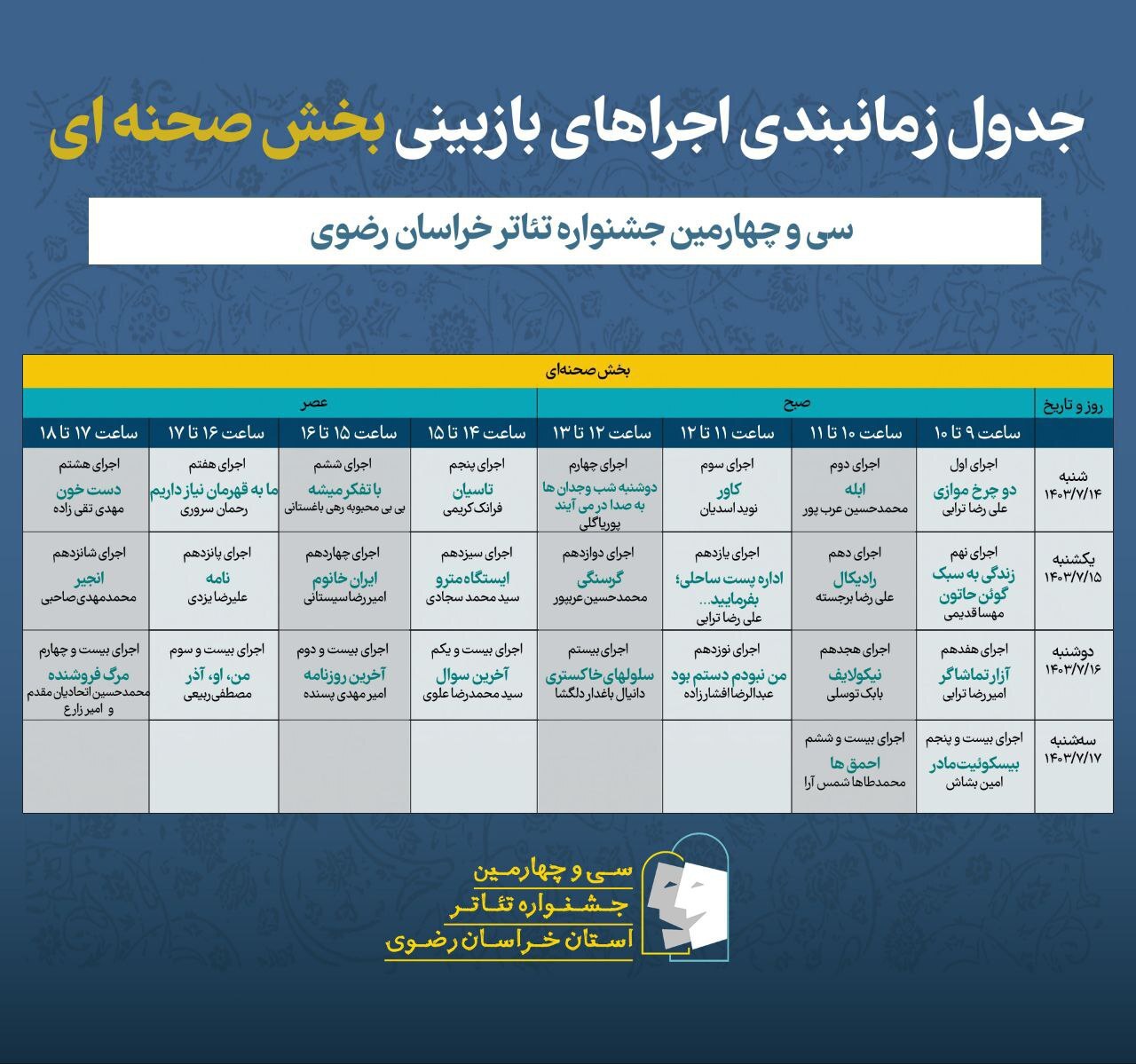 اعلام جدول زمانبندی مسیر بازبینی آثار در جشنواره تئاتر خراسان رضوی